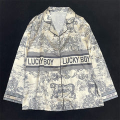 Women's - textured national style lapel pajamas long-sleeved silk home service suit