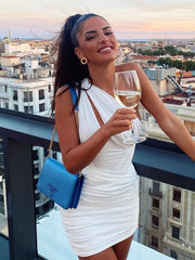 One Shoulder Mesh Sexy Bodycon Dresses Women 2022 White Pleated Mini Summer Dress Elegant Club Party Dresses