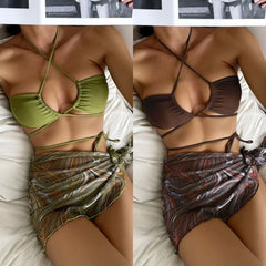 New style drawstring straps short skirt mesh three-piece swimsuit bikini