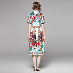 Real shot spot European and American fashion all-match waist slimming positioning printed short-sleeved dress