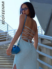 BOOFEENAA Sexy Knitted Sweater Dresses Fall 2022 Elegant Party Strappy Lace Up Open Back Split Bodycon Midi Dress C76-DZ26