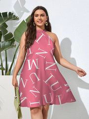 فستان نسائي مقاس كبير مطبوع عليه حروف كاجوال بأربطة مثير للحفلات بدون أكمام شارع عالي بوهو