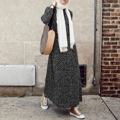 ZANZEA Women's Muslim Arabian Storm Dot Print Simple Temperament Long Skirt Round Neck Bubble Long Sleeve Fashion Loose Casual Long H-shaped Dress Without Headscarf BIG SALE