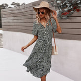 Beach Boho Summer Dress Shirt 2021 Floral Vintage High Waist Dresses Women Casual Loose Single Breasted Midi Slim Elegant Robe