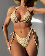 New pure color swimsuit with leaky back high waist European and American bikini beach sexy side tie swimsuit