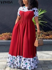 VONDA Elegant Dresses For Women 2022 Spliced Random Printed O Neck Short Puff Sleeve A-Line Vestidos Bohemian Party Casual Plus Size Long Dresses