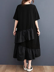 Women's European and American style summer new large size loose t-shirt women's mid-length straight slim ruffled irregular printed dress