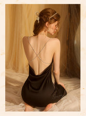 Deep V Backless Chain Nightdress Women Sexy Lingerie Summer Solid Thin Slip Dress Sleepwear Nighty For Ladies Nightgowns