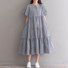 ZANZEA women's round neck short-sleeved plaid cotton and linen stitching cake skirt dress with belt