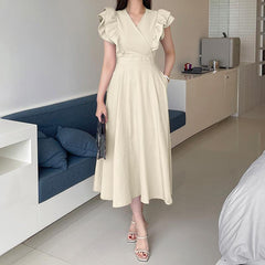 ZANZEA Women Elegant Dresses Solid V-Neck Ruffle Sleeve Short Sleeve High Waist Double Layer Ruffles Mid-Calf Length Dress Fitting Ladies Vestido