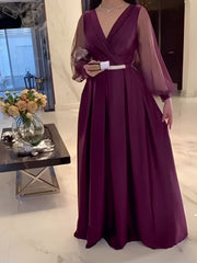 Elegant rose purple waisted white satin dress