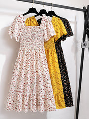 Summer Autumn Fashion Female Short Sleeve Casual Dress Elastic Waist Printed Floral A-line Midi Dress Women Chiffon Dress