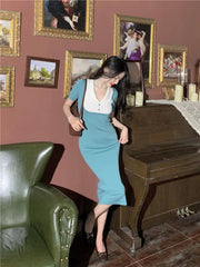 Summer's new Hong Kong-style temperament, elegant, color-matching, curvy, slim, and age-reducing doll-neck dress