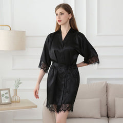 Women Satin Robe Sexy Solid Lingerie Silk Bathrobe Short Kimono Sleepwear Deep V Bridesmaid Wedding Party Dress Gown Nightgown