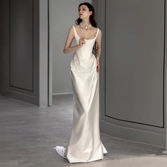 French satin light wedding dress 2023 new retro simple going out yarn small trailing suspender dress evening dress