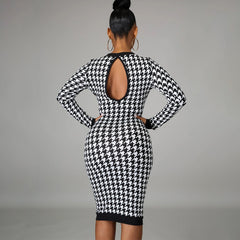 Female Houndstooth Print Women Long Sleeve Midi Dress Hollow Out Bodycon Sexy Streetwear 2022 Spring Autumn Club Elegant Slim