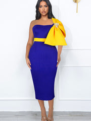 Elegant Women Party Prom Dresses Elegant Chic Blue Yellow Contrast Patchwork Big Bow Dress Summer Tube Bodycon Event Robes 2022