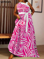 VONDA Elegant Dresses For Women 2022 Random Printed One-Shoulder Sleeveless A-Line Vestidos Bohemian Party Casual Plus Size Long Dresses