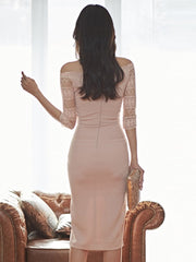 Elegant Women Evening Midi Dress Lady Formal Retro Sexy Sheer Slash Neck Bodycon Slim Slit Party Club Robe Femme Mujer Vestidos