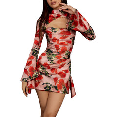 New dress hollow sexy floral skirt slimming cheongsam dress with neckline