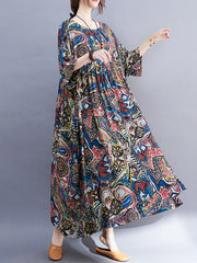 Summer new product, artistic retro, age-reducing fat mm 200 pounds short-sleeved large printed dress cotton