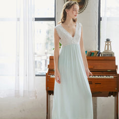 Romantic Nightgowns Women Cotton Night Dress Sleeveless Long Robe Vintage Sexy Lace Sleepwear Peignoir Room Wear