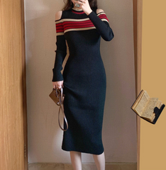 Long-sleeved temperament slim slimming strapless knitted dress