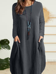 ZANZEA Women Elegant Dresses Solid O-Neck Long Sleeve Vintage Knee Length Dress Fashion Holiday Casual Loose Ladies Vestido Plus Size