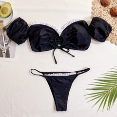 ملابس سباحة نسائية قطعة واحدة ذات لون سادة، بيكيني بأكمام قصيرة