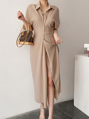 ZANZEA Women Elegant Dresses Solid Turn-Down-Collar Short Sleeve Calf Length Dress Fashion Holiday Casual Loose Ladies Vestido Plus Size