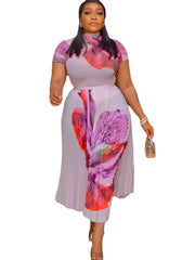 فستان مطوي أنيق جديد متوسط الخصر مطبوع