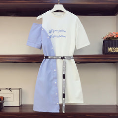 فستان نسائي صيفي لعام 2023 بأكتاف باردة وطباعة حروف فستان غير منتظم ملابس خروج غير رسمية بخياطة مخططة فستان قميص متوسط الجزء 4*10