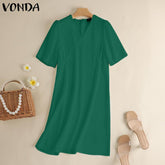 VONDA Elegant Dresses For Women 2022 Solid V Neck Short Sleeve Loose A-Line Vestidos Bohemian Party Casual Summer Plus Size Short Dresses