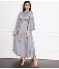 2022 New Middle East Fashion Women Modest Dress Satin Shiny Texture Long Belt Lace Up Commuter Dress Elegant