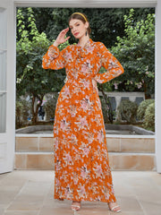 فستان شيفون جديد بخصر مطوي وتنورة عربية طويلة