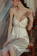 Women's autumn long-sleeved nightdress with chest pad long suspender pajamas lace home service