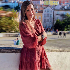 فستان شيفون نسائي صيفي مكشكش من الدانتيل فستان شاطئ صغير بوهو بأكمام ثلاثة أرباع فساتين حفلات للسيدات