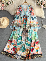 Retro elegant slit flared long-sleeved V-neck waist print dress