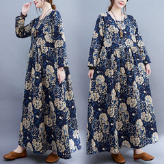 Fat sister temperament cotton and linen dress 160 catties 180 catties fat mother middle-aged clothing temperament printed long skirt