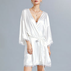 Celmia Ms. European and American temperament solid color V-neck long-sleeved stitching lace short nightdress Fashion casual bathrobe-style home service