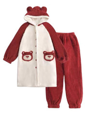 Cute Coral Fleece Strawberry Bear Pajamas Women's 2023 New Winter Thickened and Velvet Outerwear Flannel Suit