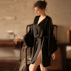 Ladies Spring And Summer New Silk Stitching Mesh Side Slit Nightgown Loungewear