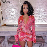 NIBBER Summer Retro Print Neon Dress Women's V neck Long Sleeve Fashion Clothing Casual Party Bodycon Mini Dress 2021 New