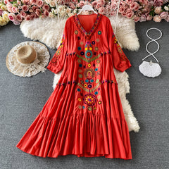 Vintage Fashion Women Flower Embroidery Beach Boho Mini Skirt Women Short Sleeve V Neck Cotton Linen Boho Dress Tank Top 3f16