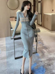 Woherb Sexy Long Sleeve Knit Dress Women Slim Classy Elegant Elastic Y2k Bodycon Vitido Midi Long Zip Dress Korea