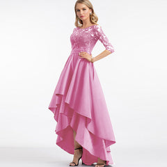 European and American new women's round neck mid-sleeve dress slim mid-length skirt solid color