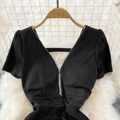 European and American design V-neck open back waist irregular split dress dress