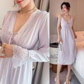 V-Neck Kimono Nightwear 2Pieces Robe Set Femme Sleepwear Bathrobe&Chemise Nightgown Suit Lace Gown Intimate Lingerie Extended nightdress nightgown set