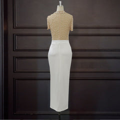 فستان سهرة نسائي على الموضة الأوروبية والأمريكية بنمط مثير وخياطة متباينة اللون شفاف من التول مطرز مفتوح دبوس شعر برقبة دائرية وأكمام قصيرة للنساء