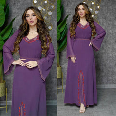 فستان سيدة مسلمة جديد لصيف رمضان 2023 شيفون مرصع بالألماس في الشرق الأوسط سيدة عربية برقبة على شكل حرف v وأكمام بوق مثيرة لحفلات الزراعة الذاتية الماسية